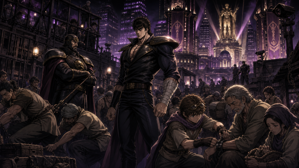 Modern Remake-era art showing enslaved workers beneath illuminated towers, Bat loosening a restraint, Kenshiro facing Club, and surveillance across Southern Cross