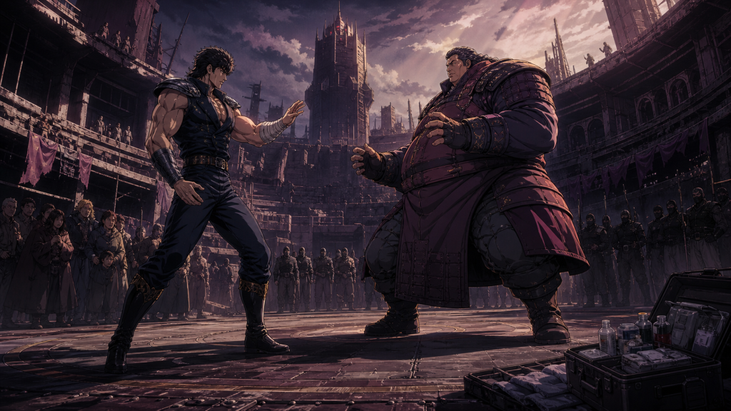 Modern Remake-era art showing Kenshiro and Heart at equal dignity inside a prepared arena with civilians, workers, guards, and medical equipment