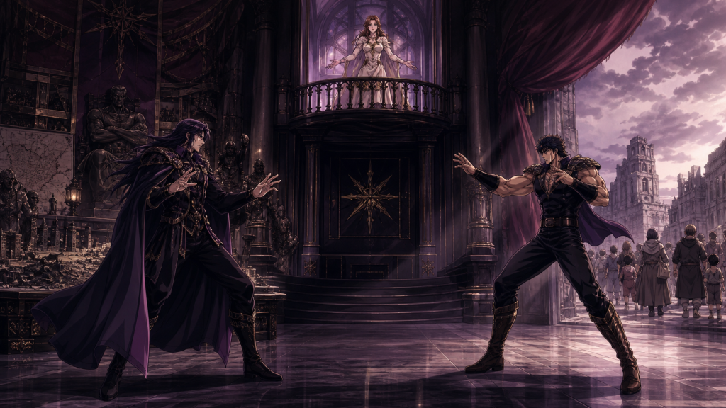 Modern Remake-era art showing independent Yuria on her balcony, Shin before obsessive monuments, Kenshiro beside an evacuation road, and Southern Cross civilians leaving