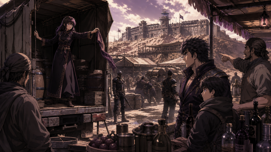 Modern Remake-era art showing alert Lin mapping escape from an open truck while Kenshiro, Bat, an oasis bartender, workers, supplies, and Golan’s compound remain visible