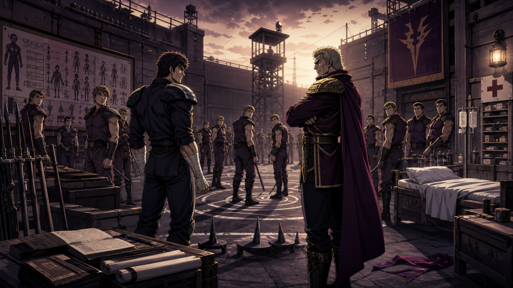 Modern Remake-era art showing recruits, surveillance, weapons, medical supplies, ledgers, punishment circles, Lin’s signal, Kenshiro, and Mad Sarge