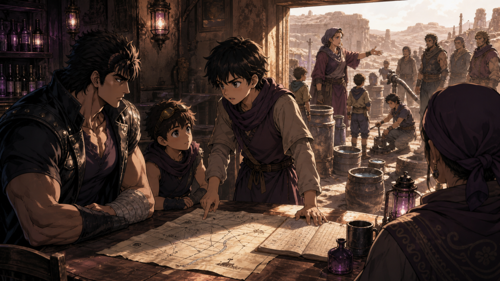 Modern Remake-era art showing Taki with a route map and ration ledger while Toyo coordinates adults, children, barrels, and pump repair