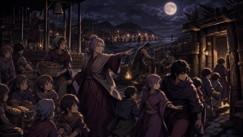 Modern Remake-era art showing Toyo directing caregivers, Bat and Lin guiding children, lookouts warning of Jackal, adults protecting supplies and the water pump, and Kenshiro far away