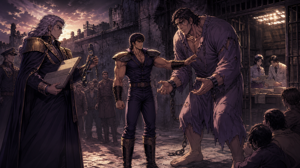 Modern Remake-era art showing Devil Rebirth as an uncertain human prisoner, Kenshiro using restraint, Jackal with a control ledger, and medics and archivists examining the institution