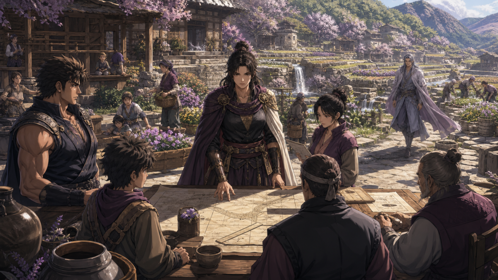 Modern Remake-era art showing Mamiya over water and crop plans, Kenshiro and Bat listening, villagers tending irrigation and shelter, and elegant Rei approaching