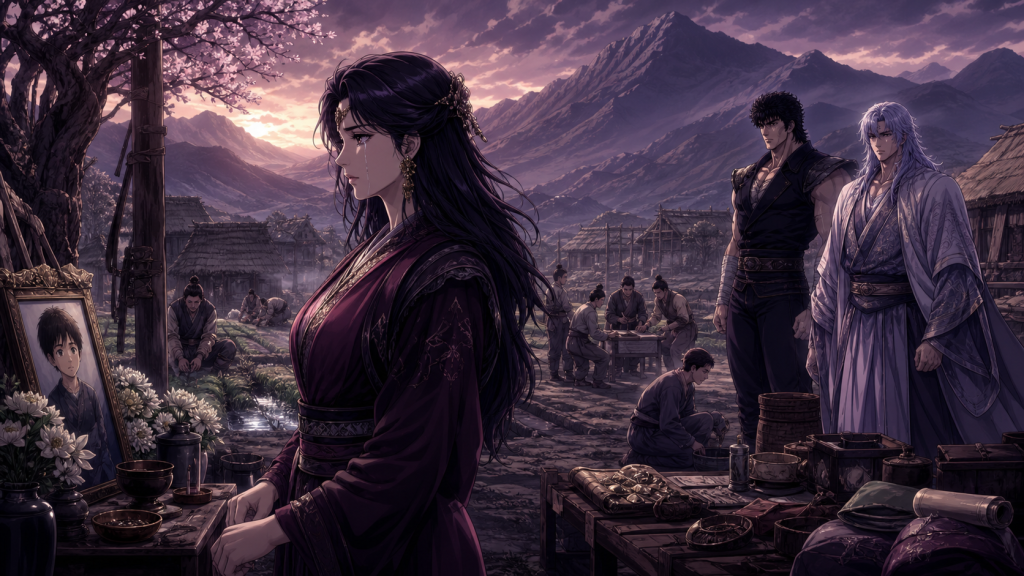 Modern Remake-era art showing Mamiya at Koh’s memorial, Kenshiro and Rei at respectful distance, and villagers protecting crops, the spring, evidence, and search plans