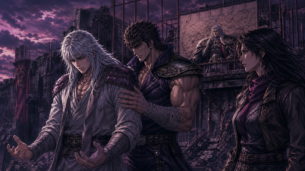 Contemporary fan art showing Rei overwhelmed, Kenshiro providing calm support, Airi alert and observant, and the Fang chieftain orchestrating coercion behind iron barriers