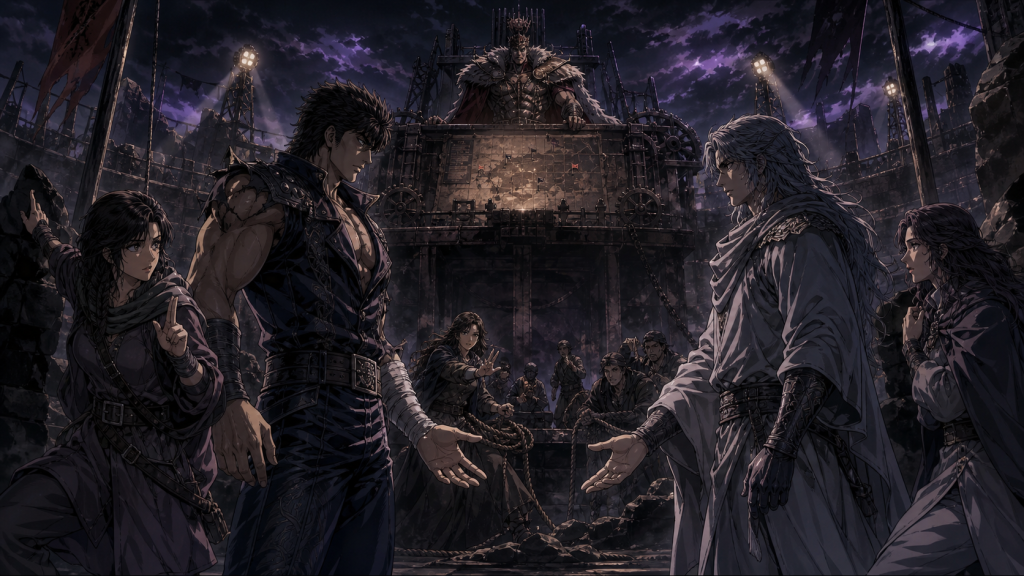 Contemporary fan art showing Kenshiro and Rei facing with open hands, Airi signaling an escape route, Mamiya and villagers coordinating rescue, and the Fang chief controlling the arena