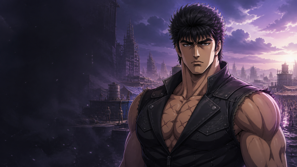 Modern Remake-era Kenshiro fan art before survivors rebuilding a post-apocalyptic city for the episode guide
