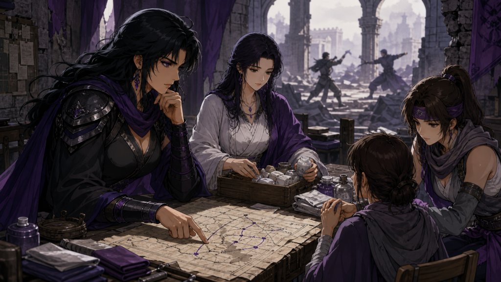 Mamiya, Yuria, Airi, and another woman plan medicine and routes while men fight in the distance
