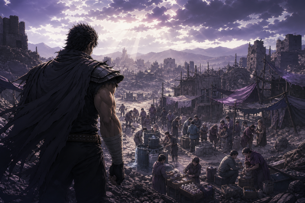 Kenshiro overlooking survivors organizing water, medicine, food, and shelter in a ruined settlement