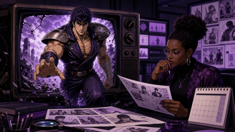 A critic compares remake storyboards as a modern Kenshiro steps through an old television
