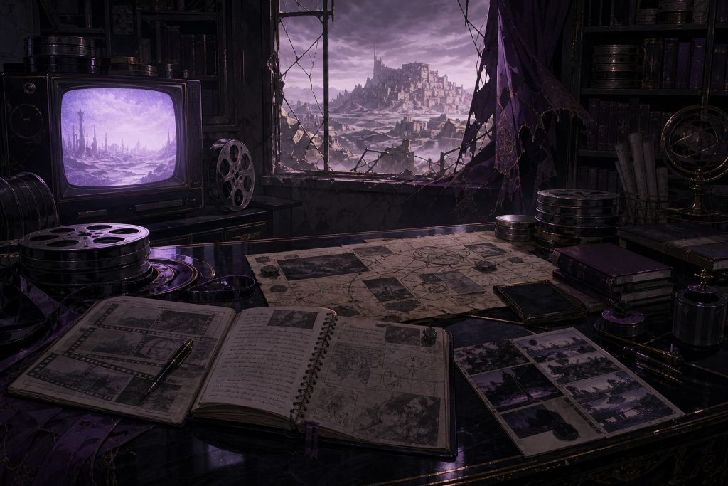 Film reels, review notebooks, and an old television inside a ruined wasteland archive