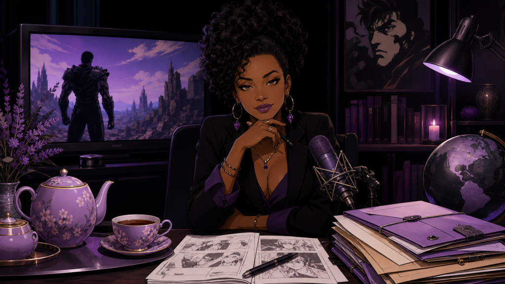 A Black woman critic hosts a lavender tea desk with evidence files, microphone, globe, and wasteland screen