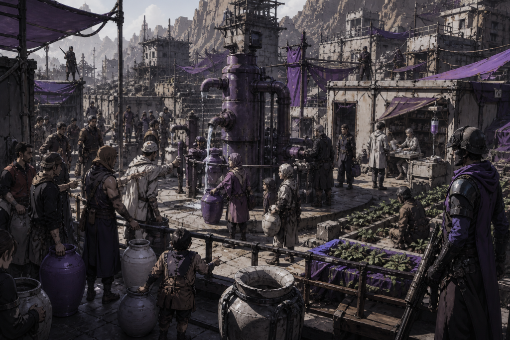 Survivors negotiating access to water, medicine, and food around a fortified wasteland pump