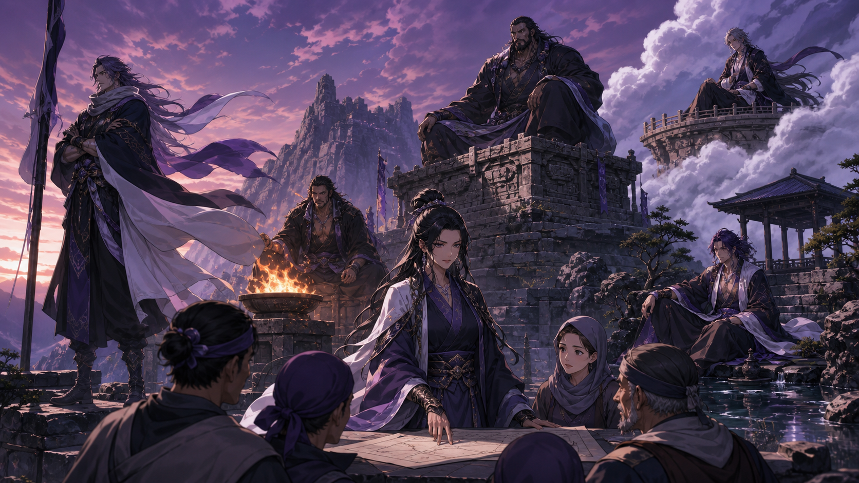 Yuria plans with villagers while five guardians occupy wind, flame, mountain, cloud, and water spaces