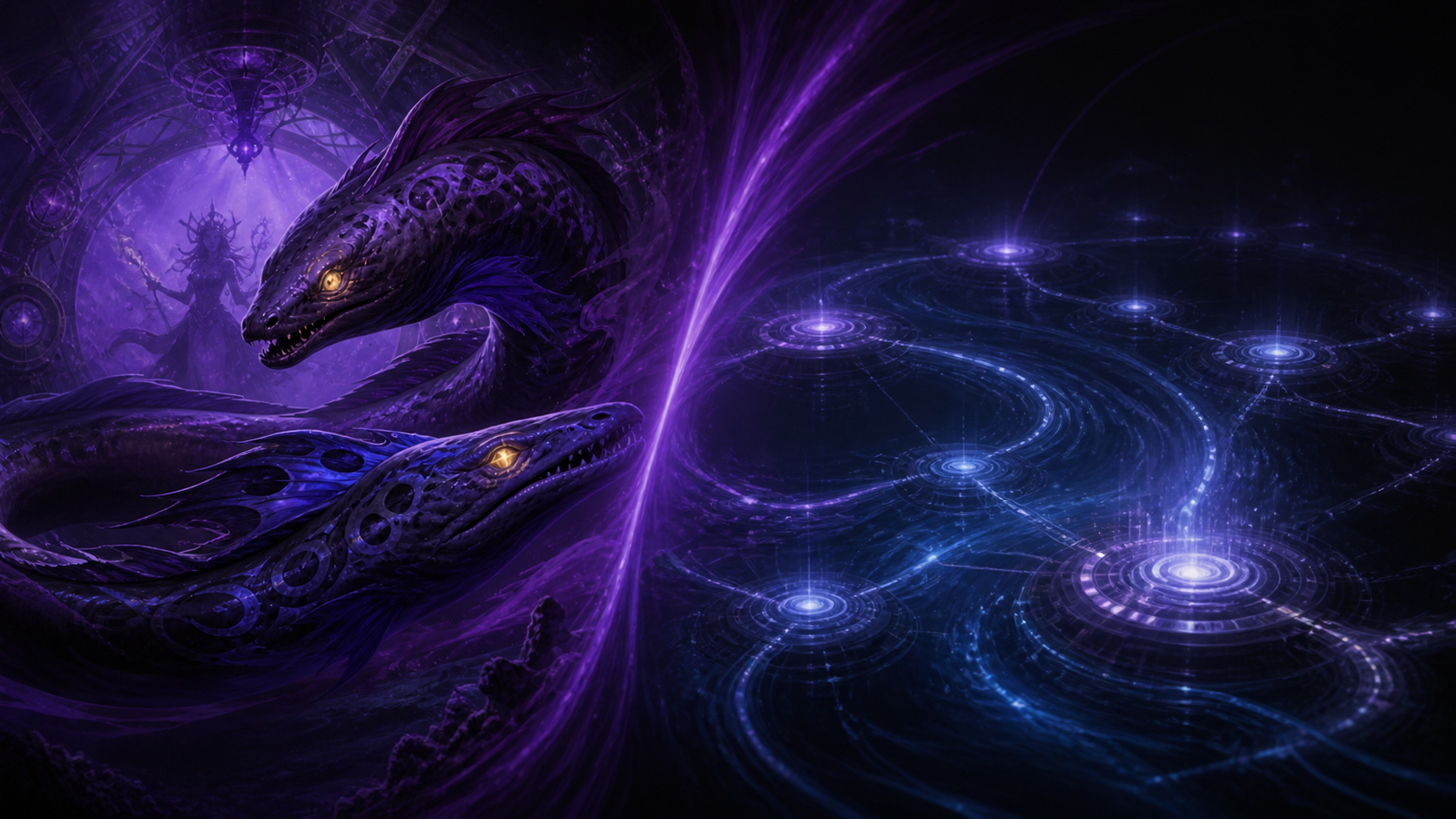 Original fan art comparing paired eel agents with an empty modern magical surveillance network