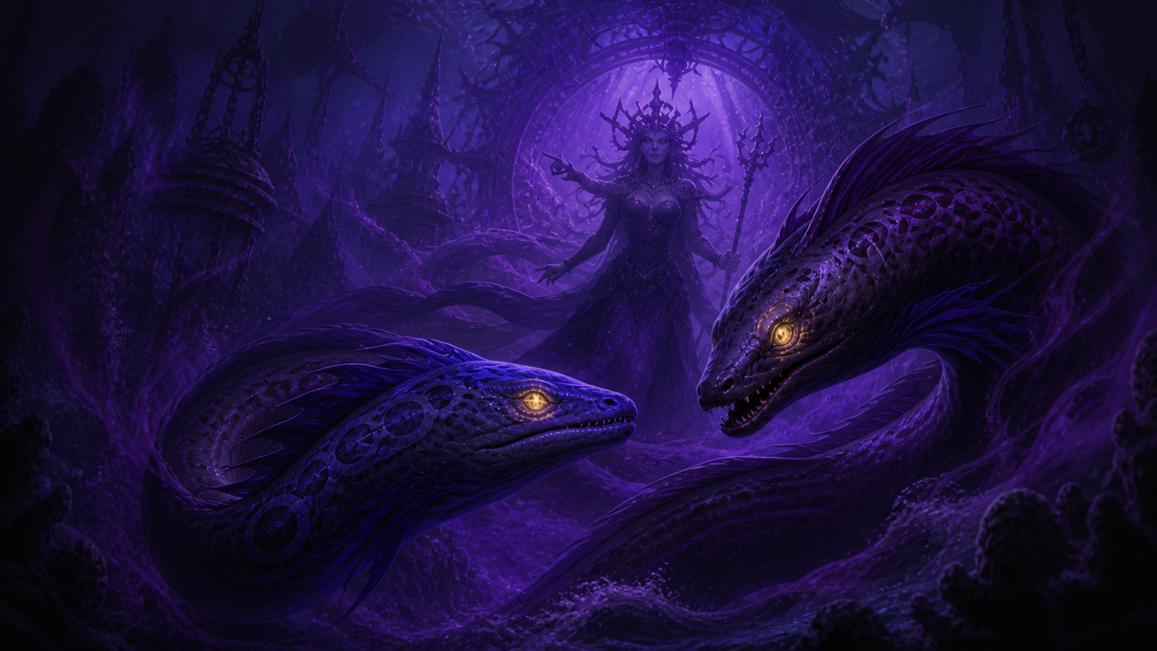 Original fan art of paired magical eels receiving a dangerous command from their employer
