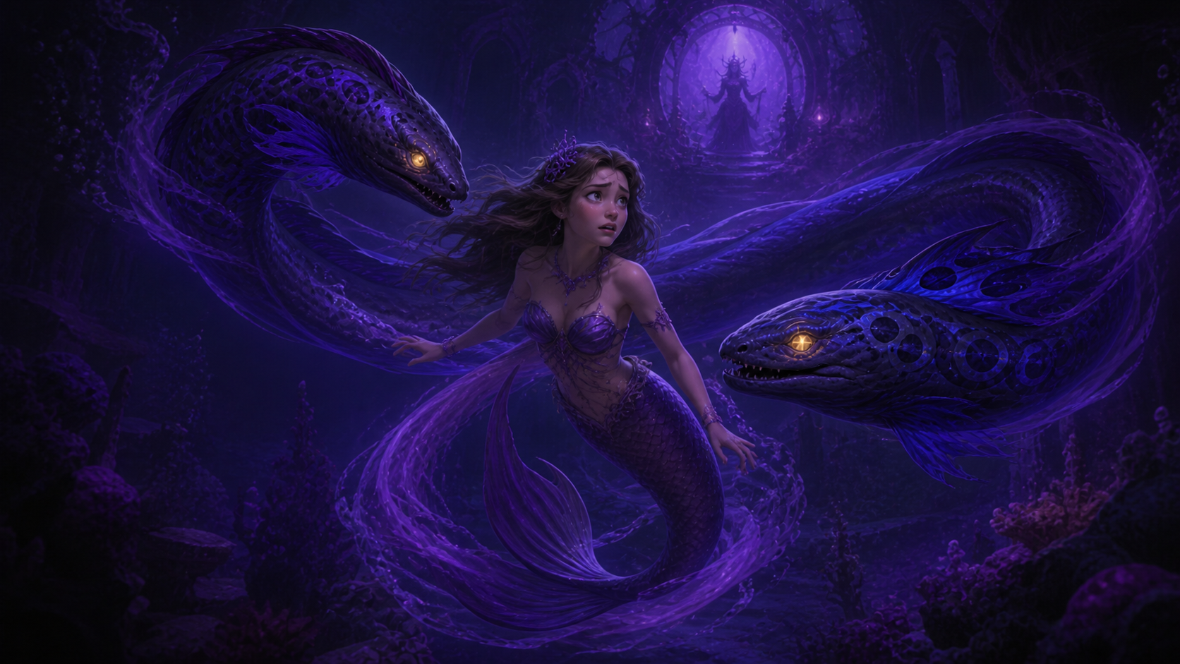Original fan art of paired magical eels steering a distressed mermaid toward a sorceress