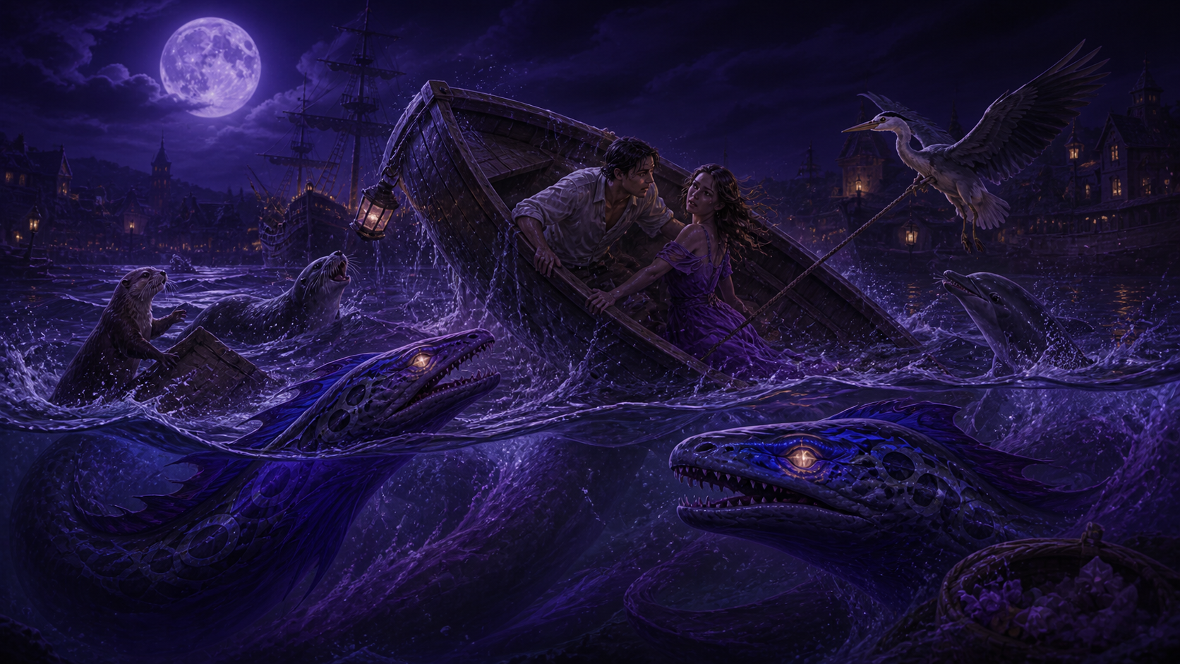 Original fan art of paired magical eels overturning a moonlit rowboat