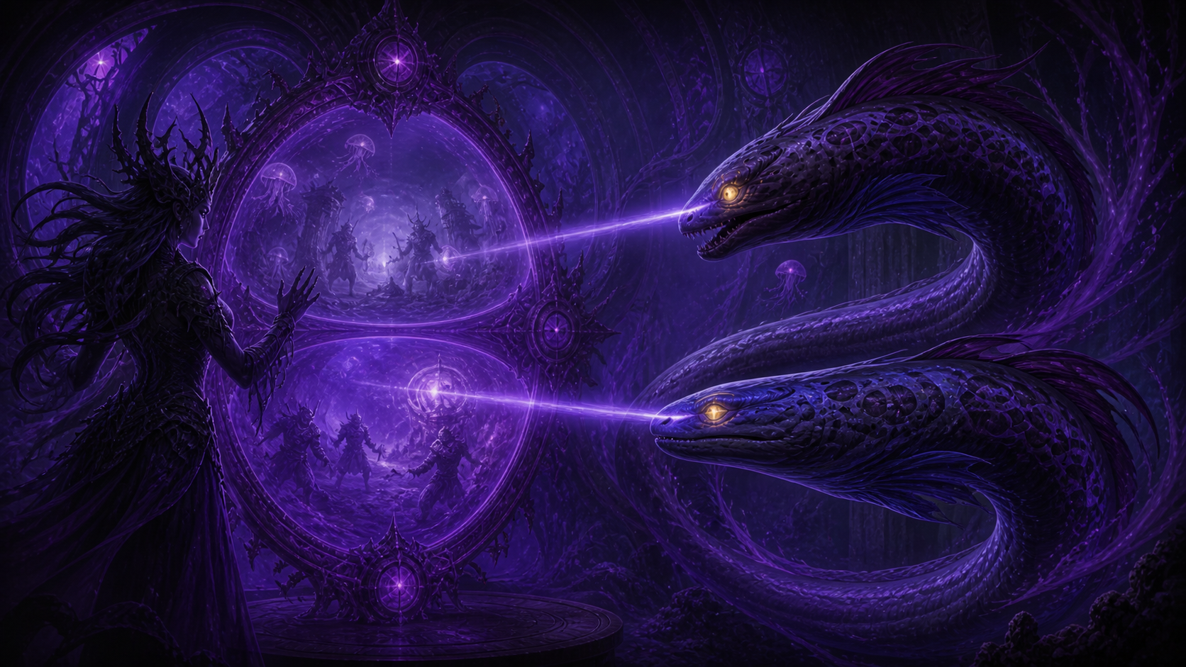 Original fan art of paired magical eels transmitting complementary views into a magic mirror