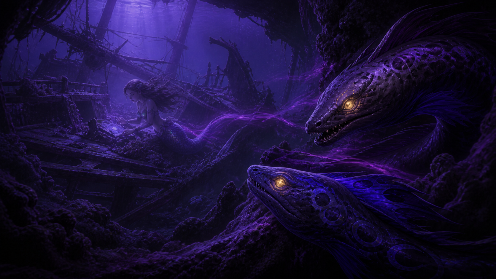 Original fan art of paired magical eels spying on a mermaid inside a shipwreck