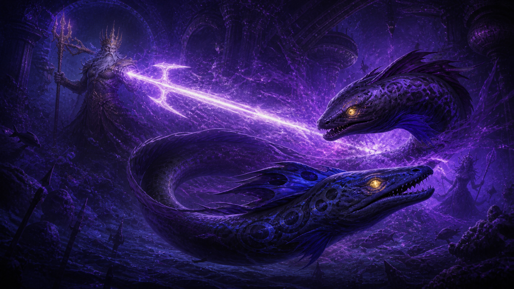 Original fan art of paired magical eels caught in a sea king’s trident blast