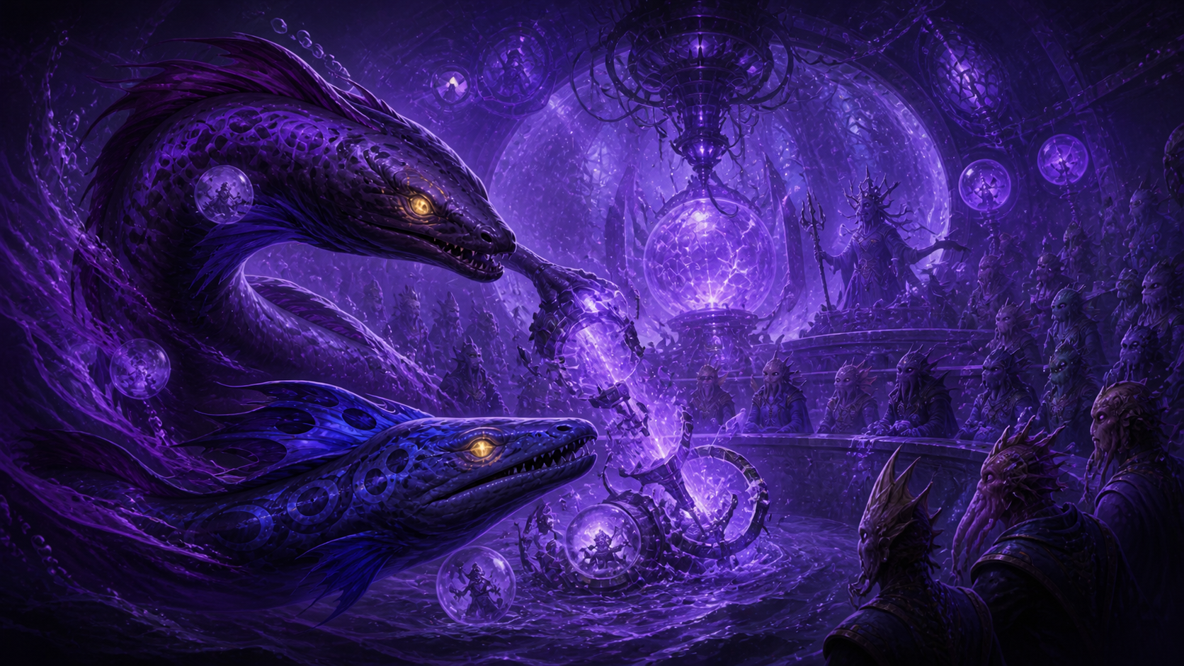Original fan art of paired magical eels dismantling a surveillance chamber before a public council