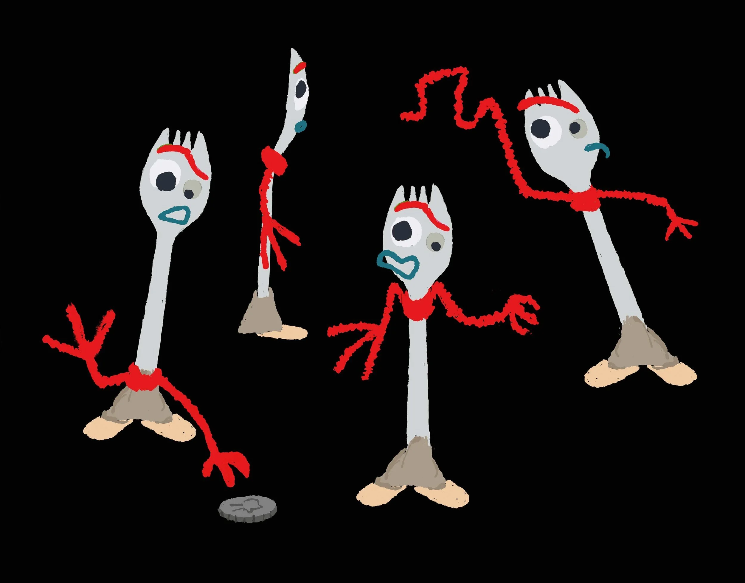 Official Pixar character studies exploring Forky’s pipe-cleaner arms and mismatched face