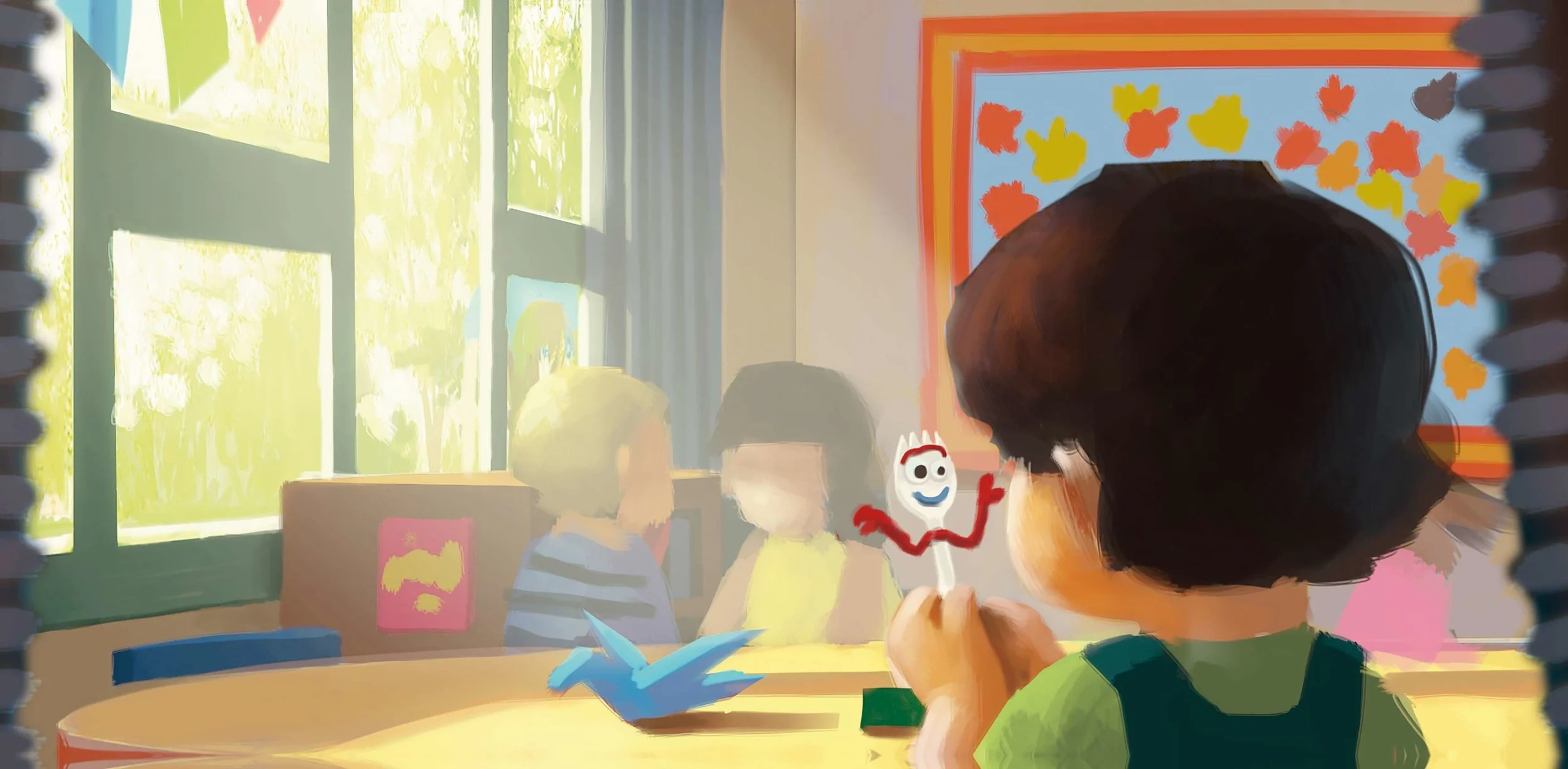Official Pixar concept art of Bonnie creating Forky at kindergarten orientation