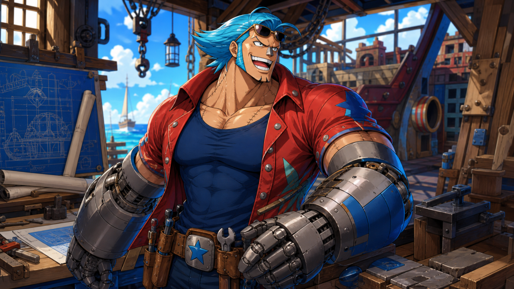 Franky works in a bright shipyard with blueprints, timber, and large mechanical forearms