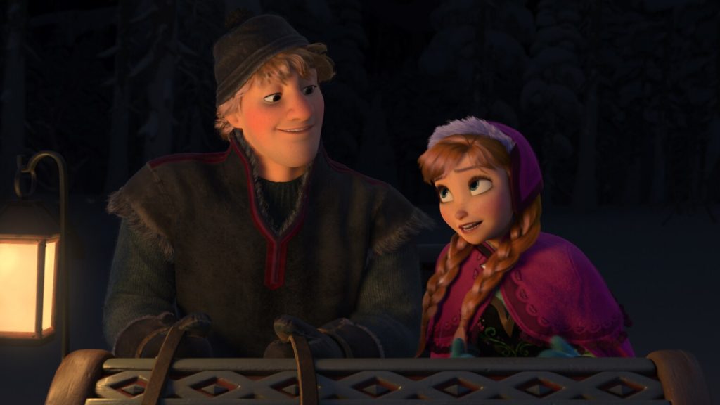 Anna and Kristoff traveling together in an official still from Frozen