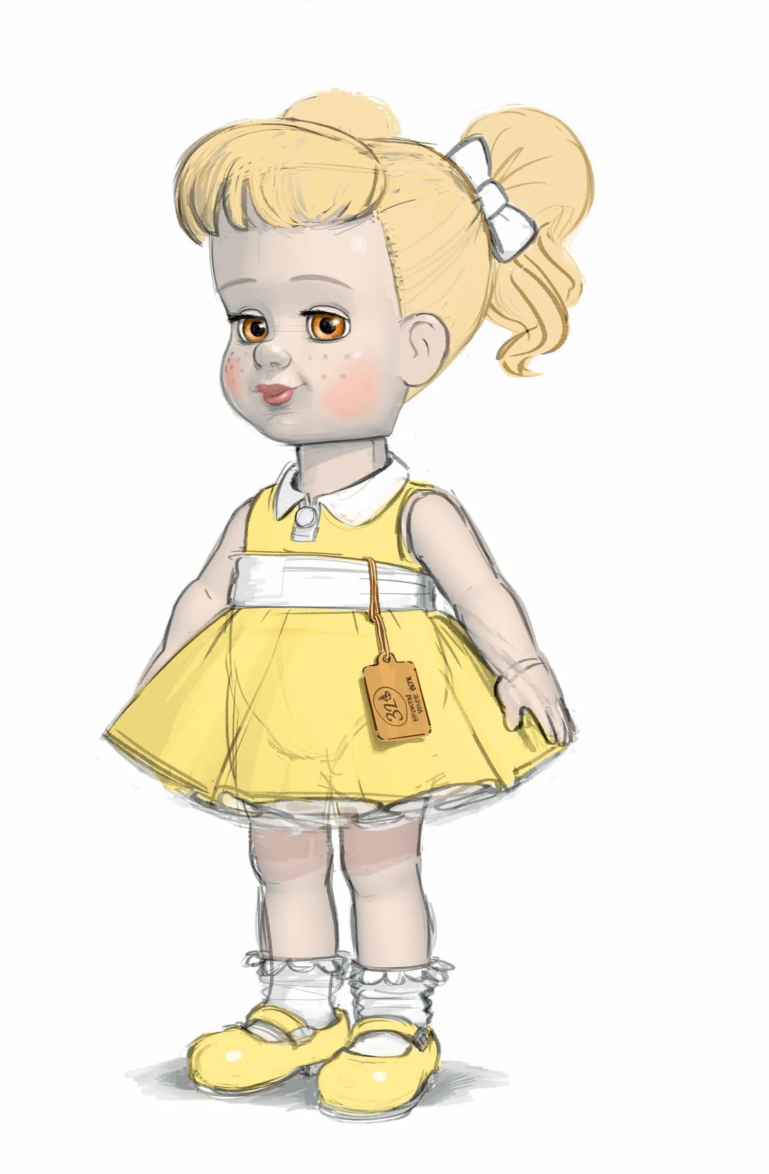 Official Pixar color concept art for Gabby Gabby in a yellow dress with an antique price tag