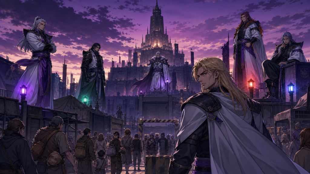 A conflicted Gento general watches families pass through an imperial checkpoint below five guardians