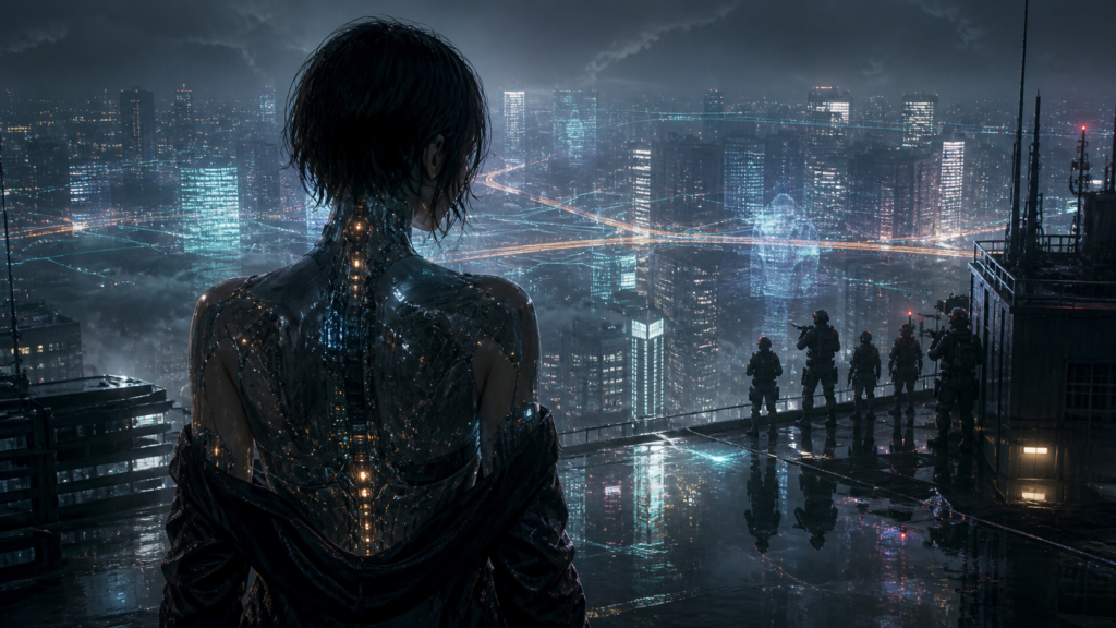 Cybernetic investigator overlooking a rain-soaked networked city in original Ghost in the Shell fan art