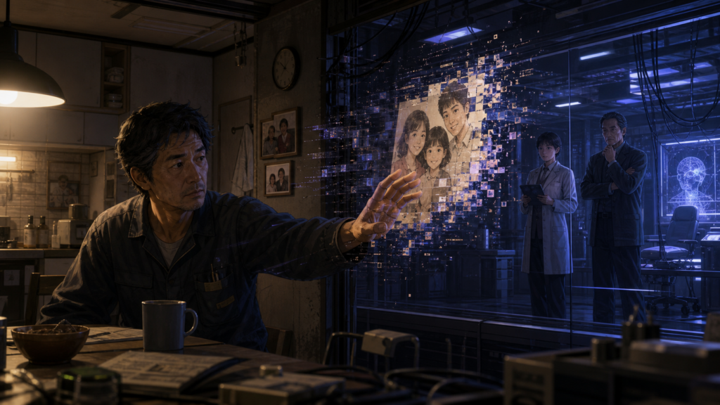 Original Ghost in the Shell fan art of a woman confronting a corrupted memory record