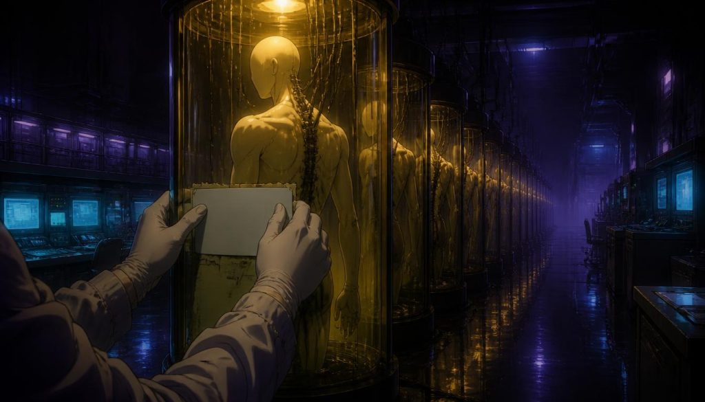 Original fan art of a featureless synthetic body suspended in an amber-lit fabrication tank while gloved hands press a fresh blank label over an older torn one, with rows of identical tanks receding into violet shadow