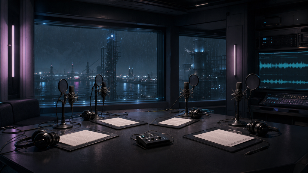 Four microphones in a rain-lit Japanese recording studio overlooking a future harbor