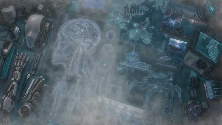 Cyberbrain, prosthetic shell, network map, and spider tank research materials