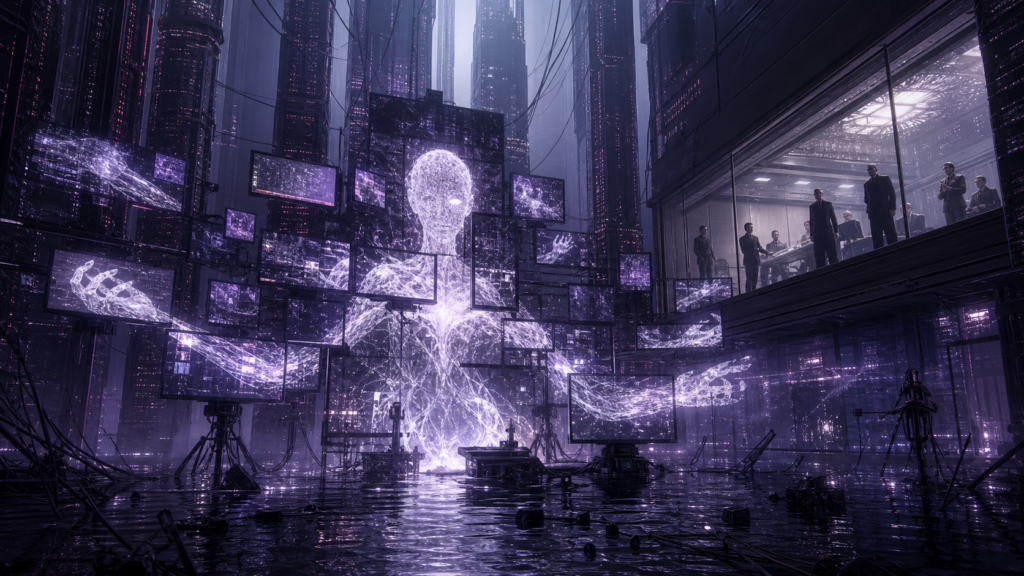 Original Ghost in the Shell fan art of an emerging digital mind facing government containment