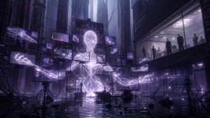 Original Ghost in the Shell fan art of an emerging digital mind facing government containment