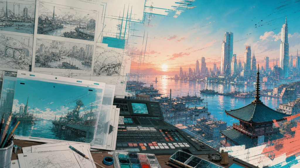 Hand-drawn animation pages and painted cels becoming a future Japanese harbor city at sunrise
