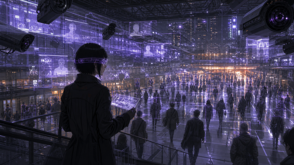 Original Ghost in the Shell fan art of a citizen watched by a citywide surveillance system