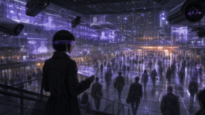 Original Ghost in the Shell fan art of a citizen watched by a citywide surveillance system