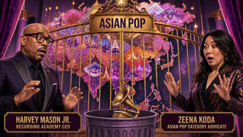 Harvey Mason Jr. and Zeena Koda react beside an Asian Pop gate while a Grammy-style trophy lands in a lavender trash bin