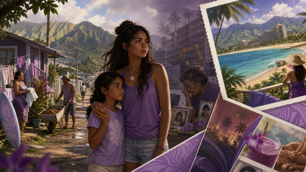 Original CVM Sekai fan art contrasting two Hawaiian sisters in a lived residential community with glossy resort postcard imagery and development pressure