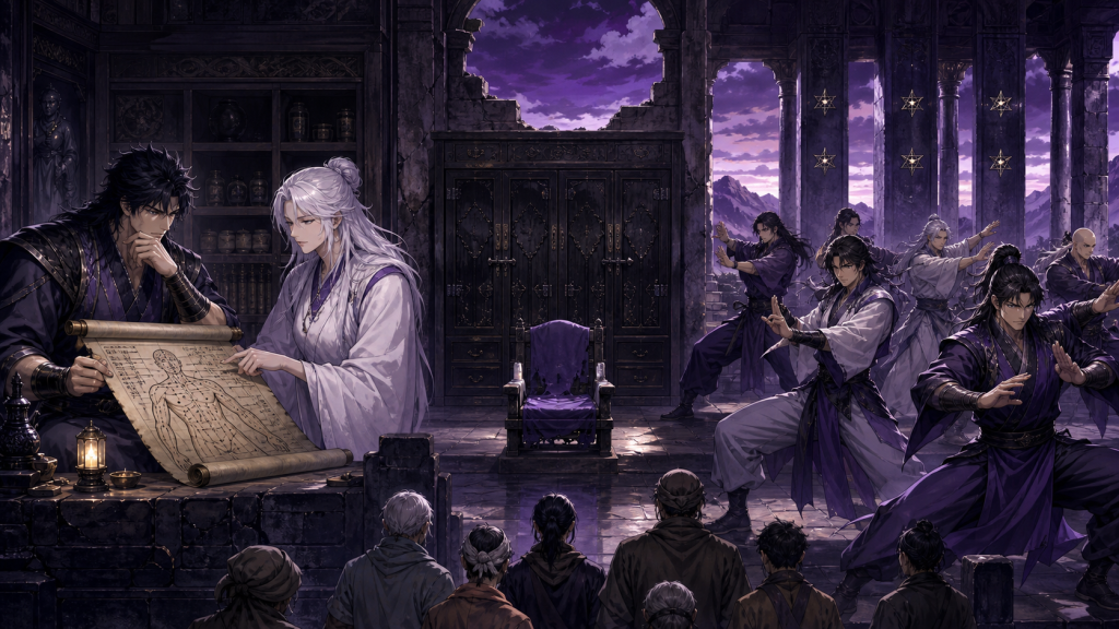 Hokuto heirs study restricted pressure-point knowledge while Nanto schools train before a waiting village