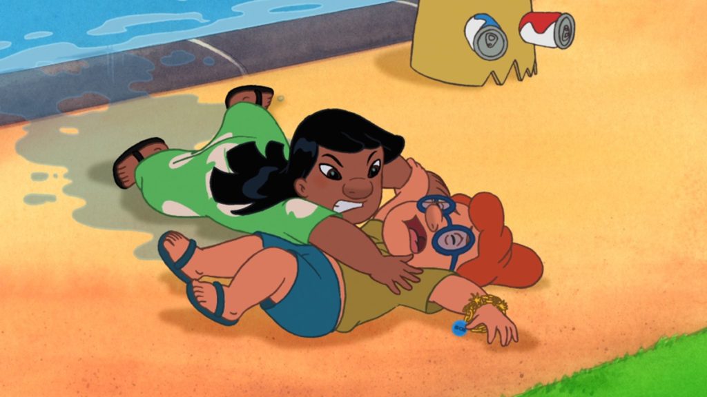 Official episode still of Lilo reaching for Mertle's bracelet containing the Holio experiment pod