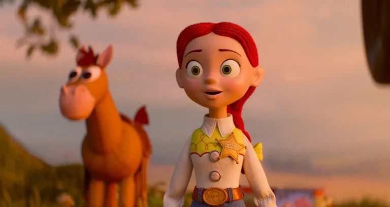 Jessie wearing the sheriff badge with Bullseye behind her in Toy Story 5