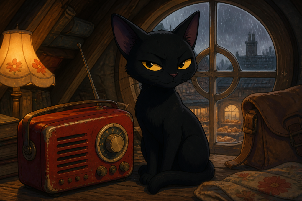 Jiji beside a red radio in the bakery attic during rain